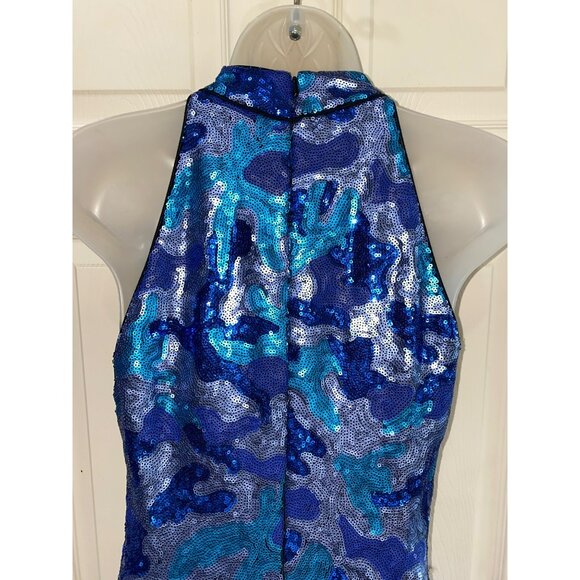 SHO By Tadashi Shoji Blue & Turquoise Sequin Camo Halter Mini Dress 19” Armpit T - Picture 6 of 8